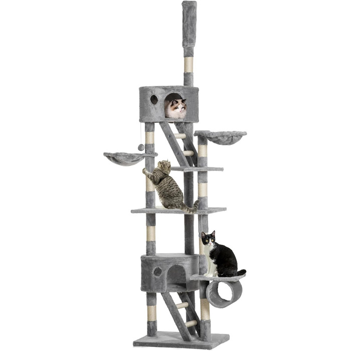 Когтеточка PawHut для котів, 240-260 см, багатоповерхова, з гамаком, платформами, сизальними стовпами та м'якими іграшками (сірий)