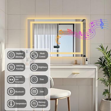 Дзеркало для ванної кімнати LUVODI з підсвічуванням: 100x70 см, годинник, температура, дата, антизапар, регулювання яскравості, 3 кольори світла, функція пам'яті, LED, водонепроникне, Bluetooth