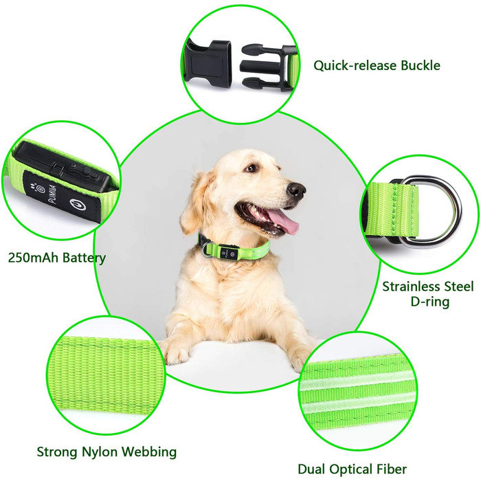 Світлодіодна нашийникова стрічка для собак, акумуляторна, 3 режими світіння, водонепроникна, зелена, L (48-60 см)