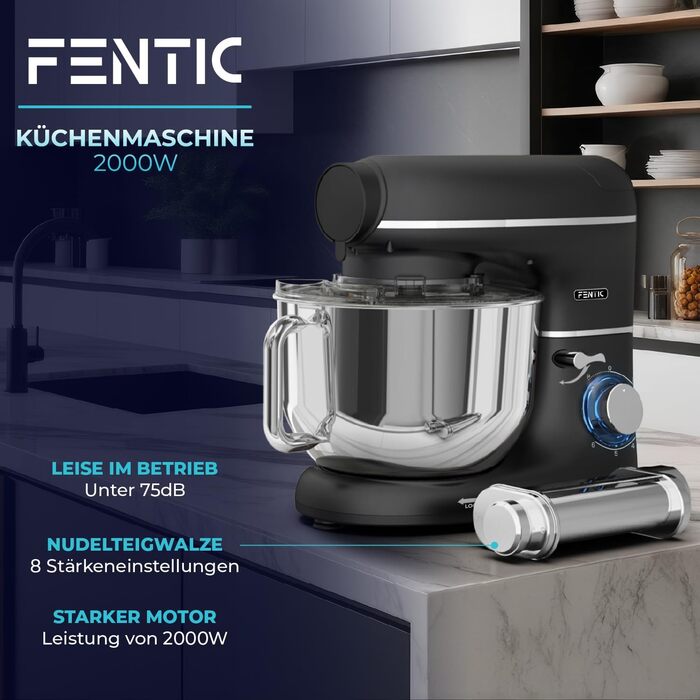 Кухонна машина з машиною для пасти – 2000W, електрична – з нержавіючою чашею 6.2L (чорна)