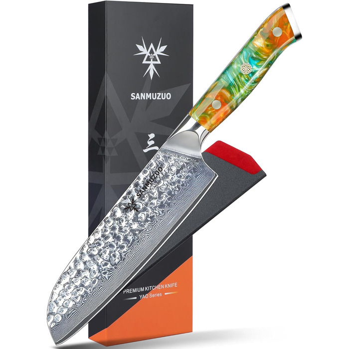 Японський ніж Сантоку 18 см Sanmuzuo Yao серія - ніж для кухні з дамаської сталі та дерев'яної ручки