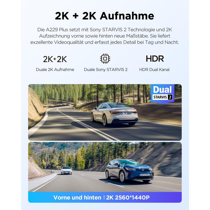 Автомобільний відеореєстратор VIOFO A229 Plus 2K + 2K Dual STARVIS 2, HDR, з голосовим керуванням, 5GHz Wi-Fi, GPS та Super Night Vision 2.0, 2.4