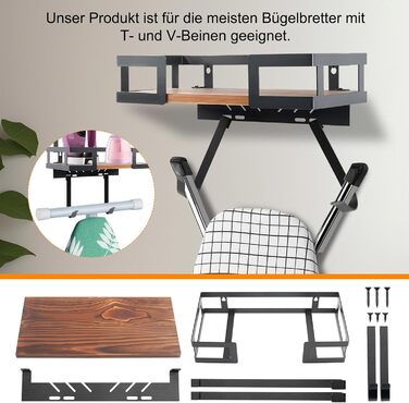 Настінний тримач для прасувальної дошки з металевим кошиком та знімними гачками, для T- та V-подібних дошок, над дверима