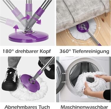 MASTERTOP Набір для миття підлоги з відром, моп з нержавіючою сталею та 3 мікрофібровими накладками, професійний набір для миття підлоги з відром та функцією віджиму - фіолетовий