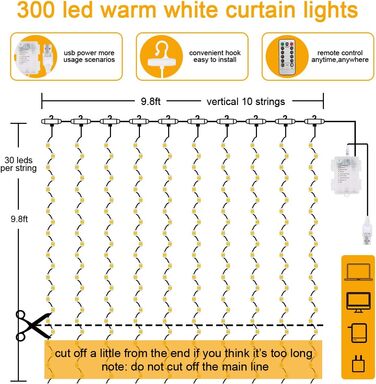 Ланцюжок прикрас Vicloon, 10м, 100 LED, з пультом та таймером, 8 режимів, IP65, теплий білий, для прикраси інтер'єру та екстер'єру, для святкування, 2 в 1 (USB & батарейка)