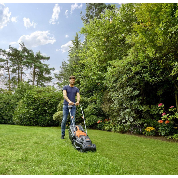 Електрична газонокосарка Black+Decker BEMW351, 1000 Вт, 32 см, 3-рівневе регулювання висоти, 35 л травозбірник, для малих садів, мультиколор