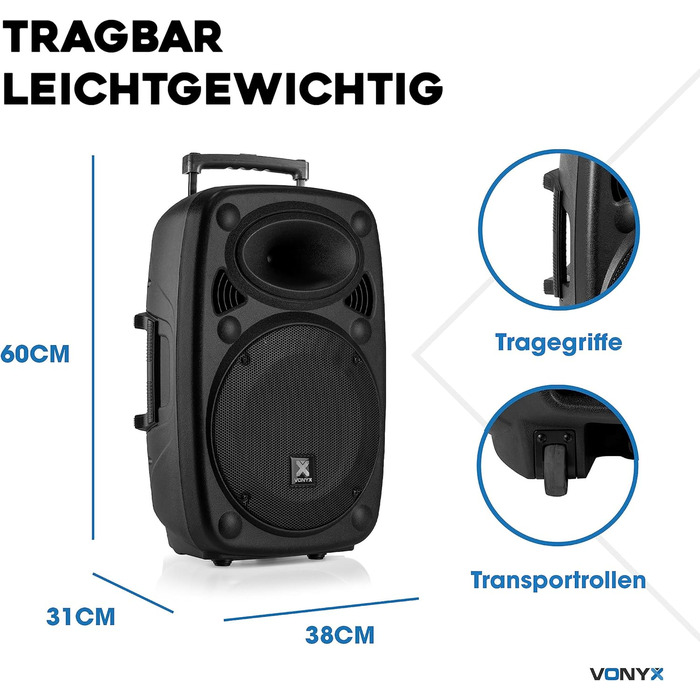 Vonyx Verve46 – портативна акустична система з мікрофонами, 1000 Вт, Bluetooth, MP3, для вечірок та PA-системи, чорний