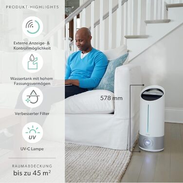 Leitz TruSens Ультразвуковий зволожувач повітря N-300, 45 м², з контролем вологості, для офісу, спальні та дитячої кімнати, 8 л, білий/сріблястий