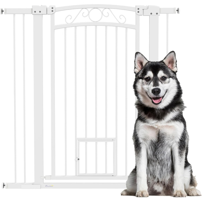 Бар'єр для собак PawHut - регульований, 76-104 см, білий. Безпечне огорожа з двома розширеннями, подвійний замок та маленькі дверцята для сходів та дверей.