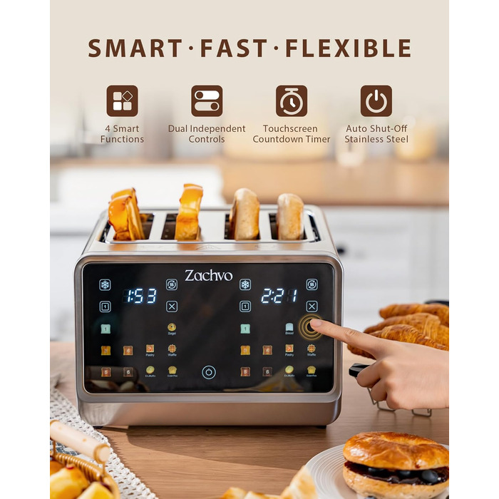 Тостер на 4 шматочки з сенсорним екраном та таймером – нержавіюча сталь, довгі слоти, 2 незалежні зони температури, підставка для бургерів та сендвічів, 6 програм, срібний колір