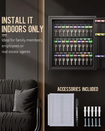 Шкафчик для ключів Uniclife на 60 позицій з комбінацією та ключовим замком, чорного кольору, з регульованими полицями. Цифрова скринька безпеки, органайзер для ключів