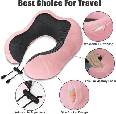 Подушка для шиї у вигляді U, Memory Foam, для подорожей на літаку, авто, в офіс. З маскою для сну та навушниками. Рожева