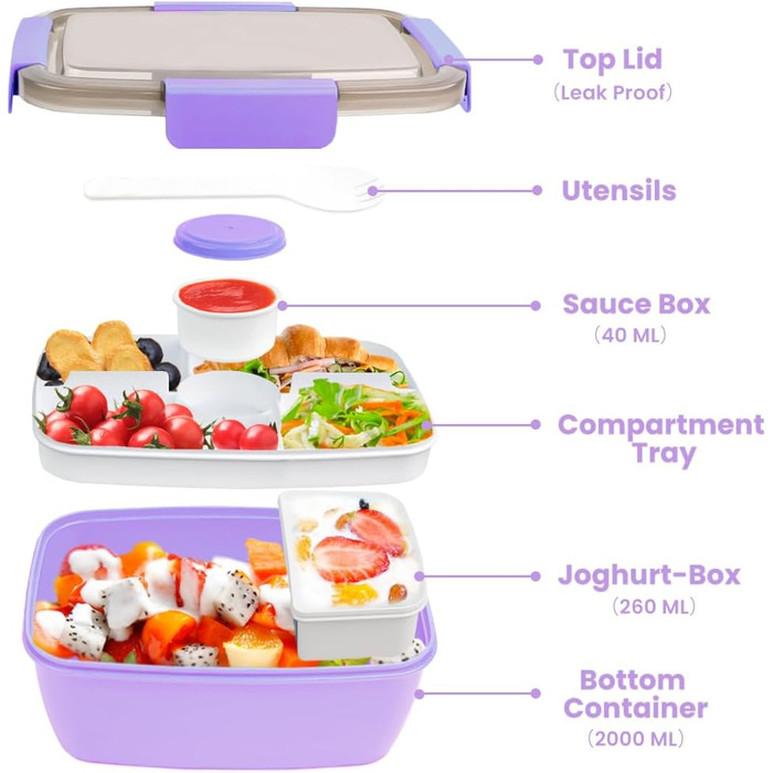 Ланчбокс Bugucat 2000 мл, непромокаючий, з відділеннями, для дітей та дорослих, салатовий контейнер, з виделкою, для школи, пікніка, чорний (2000 мл - фіолетовий)