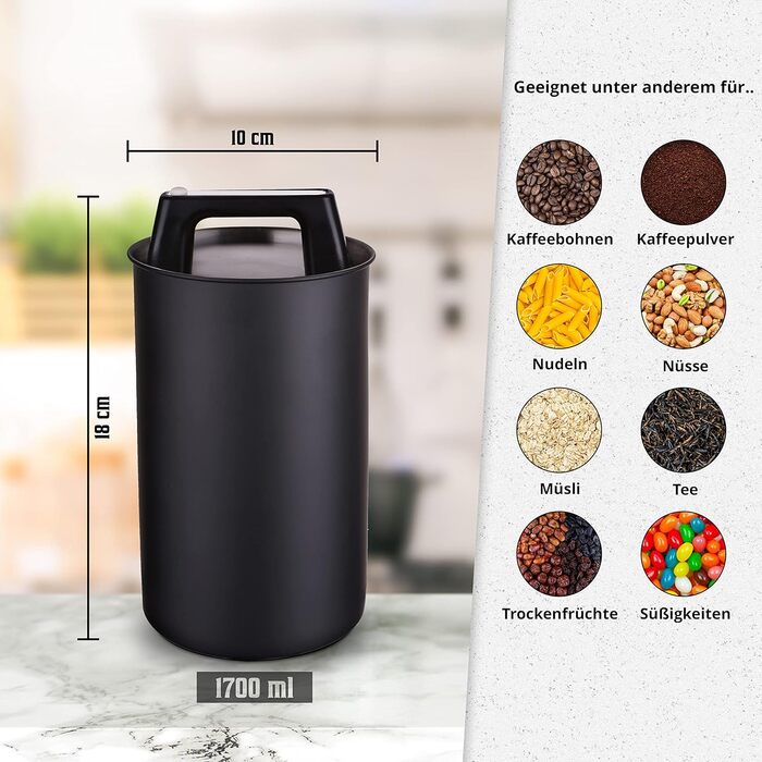 Контейнер для кави KC Kitchen & Co. – герметичний, 1700 мл, нержавіюча сталь, вакуумний клапан, для кави, чаю, цукру, мюслі, матовий чорний