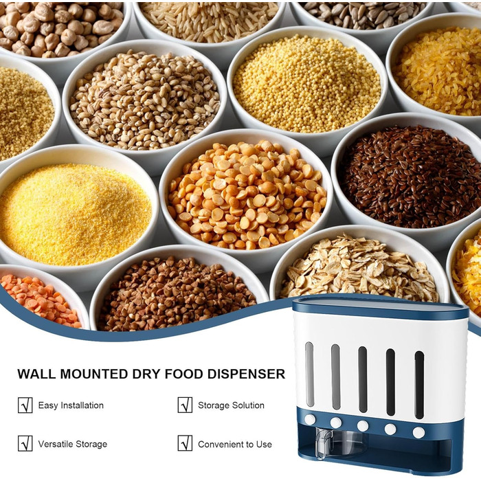 Traveler Dispenser with 5 Compartments, Wall-Mounted Cereal Dispenser, 9 kg, Thickened Container, Moisture-Resistant, Grain Container, Bucket, Rotating Food Dispenser, Household Kitchen, Candy Dispenser