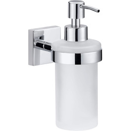 tesa EKKRO Soap Dispenser Set, satinized glass and chrome-plated stainless steel - Wall-mounted liquid soap dispenser without drilling, including adhesive solution - 70mm x 170mm x 125mm