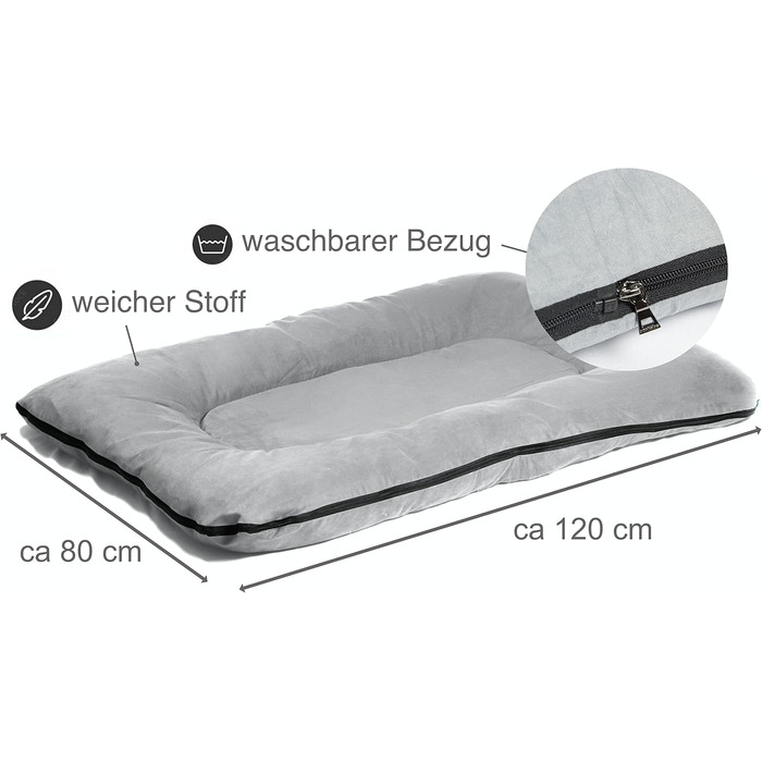 Килимок для собак XXL: м'який, миючий, знімний чохол | Килимок-подушка з зручним бортиком для великих собак | Сірий килимок 120 x 80 см