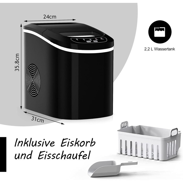 Машина для приготування льоду RELAX4LIFE - Ice Maker для дому та офісу, чорний. Швидке приготування, 2 розміри кубиків льоду, 12 кг/24 год, 2.2 л резервуар для води