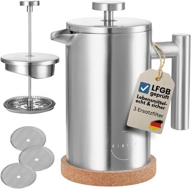 Френч-прес 600 мл з нержавіючої сталі, з підігрівом, 3 фільтри, пробка-підставка, для миття в посудомийній машині, преміум-якість, двостінний, срібний