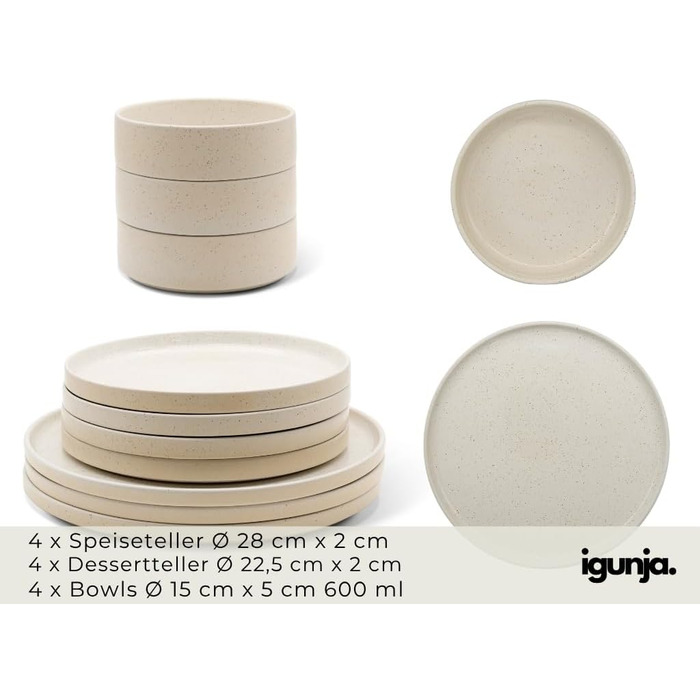 Igunga Stoneware Dinnerware Set - 12 Piece Set for 4 | Reactive Glaze Beige Tableware - Handcrafted Premium Quality