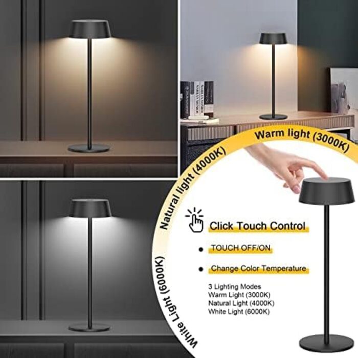 Світлодіодний акумуляторний настільний світильник Klighten з димером, сенсорний, металевий, алюмінієвий, IP54, перезаряджуваний, тепле біле світло 3000K/4000K/6000K, антрацит