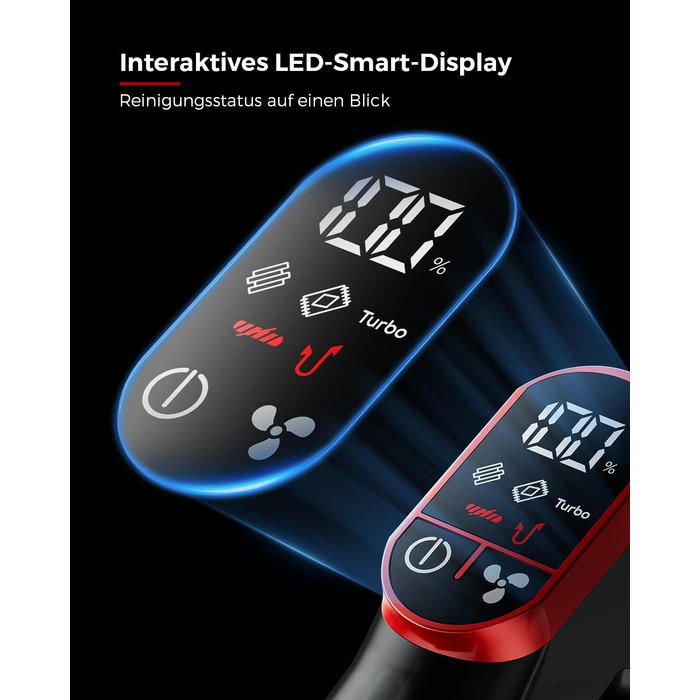 Бездротовий пилосос 48000Pa/550W з акумулятором, 70 хвилин роботи, об'єм 1.6л, 8-шарова фільтрація, тихий, з антизаплутуючим насадкою для твердих поверхонь, червоний, Rot 15 Ultra