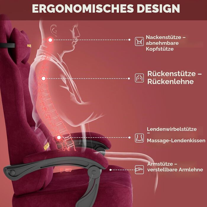 Ігрове крісло Ferghana Ergonomic Gaming Chair з оксамиту, з підтримкою попереку та підголівником, офісне крісло для геймерів та роботи (Червоне, LW220)