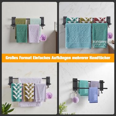 Тримач для рушників без свердління, 60 см, самоклеючий, з гачками, нержавіюча сталь, вологостійкий, для ванної кімнати та кухні (Чорний, 40 см)