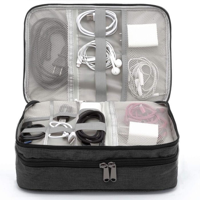 Водонепроникна сумка-органайзер для кабелів та електроніки Ruyosn. Двошарова сумка для кабелів, повербанку та аксесуарів. Чорний колір.