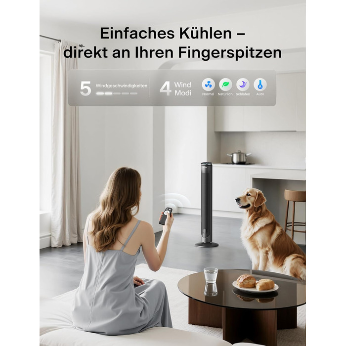 Турбовентилятор Pelonis Leiser - чорний, 106 см, 4.2 м/с, з пультом ДУ, 9-годинний таймер, 4 режими, 5 швидкостей, SMART-режим, LED-дисплей для спальні/офісу