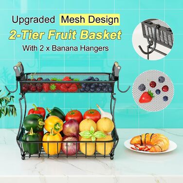 3-Tier Fruit Basket with 2 Banana Hangers for Kitchen Countertop, Vegetable Countertop, Storage Holder, Large Capacity, Metal Wire, Fruit Stand, Organizer for Onion, Snack, Black (Black-2 Tiers (with Banana Hangers))