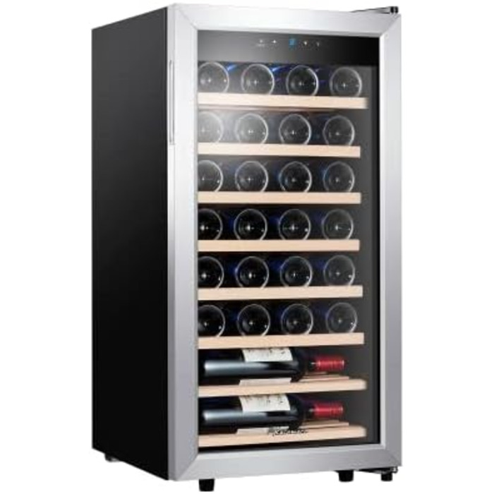 Kalamera 28-Bottle Wine Refrigerator - 86 Liter Capacity, Stainless Steel & Glass Door, 5-18°C Cooling Zone, Removable Wooden Shelves