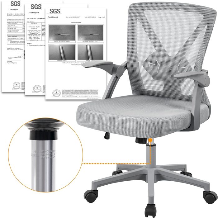Офісне крісло Yaheetech з підйомними підлокітниками, сітчасте, ергономічне, з регулюванням поперекової підтримки, функцією гойдання та регулюванням висоти, сіре