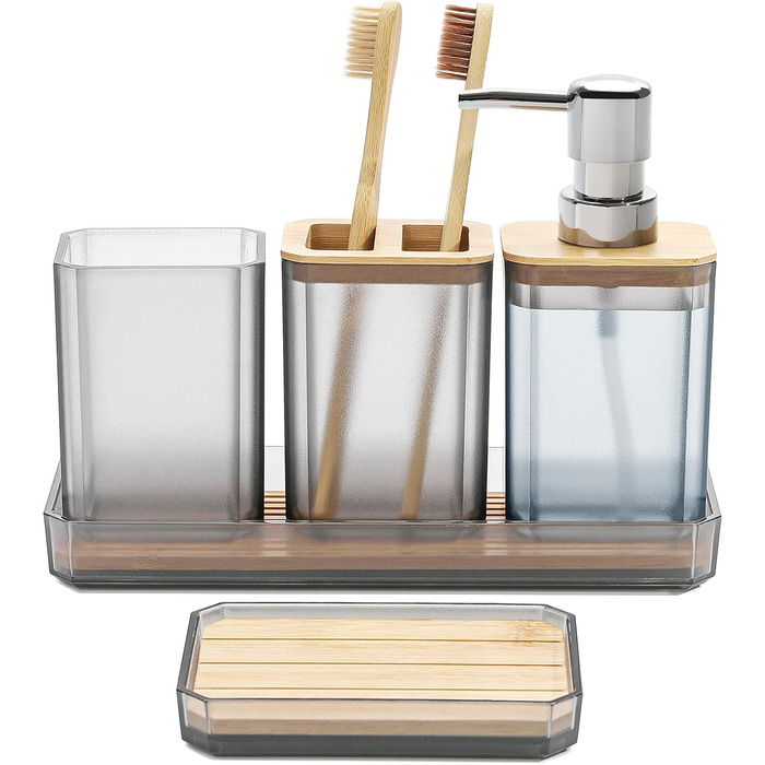 Набір аксесуарів для ванної кімнати FEILANDUO, 5 шт: дозатор для мила, мильниця, тримач для зубних щіток, стакан для води, піднос для косметики, Бохо, сучасний дизайн (сірий)