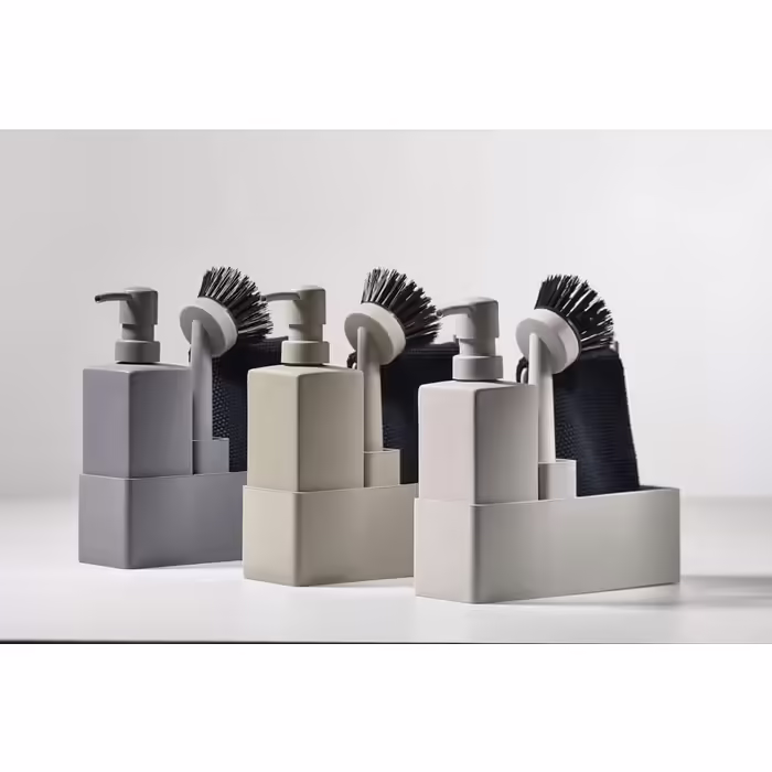 Zone Denmark Dishwashing Set, Dish Organizer with Soap Dispenser/Detergent Dispenser, Dishcloth and Dish Brush, 19 x 6 x 20.5 cm, 4-Piece Set, (19 x 6 x 20.5 cm, Mud)