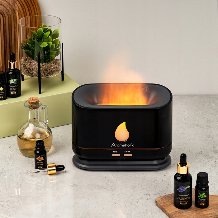Ультразвуковий зволожувач повітря Aromaholik з ефектом вогню, без BPA, з таймером, LED-підсвіткою та USB-портом
