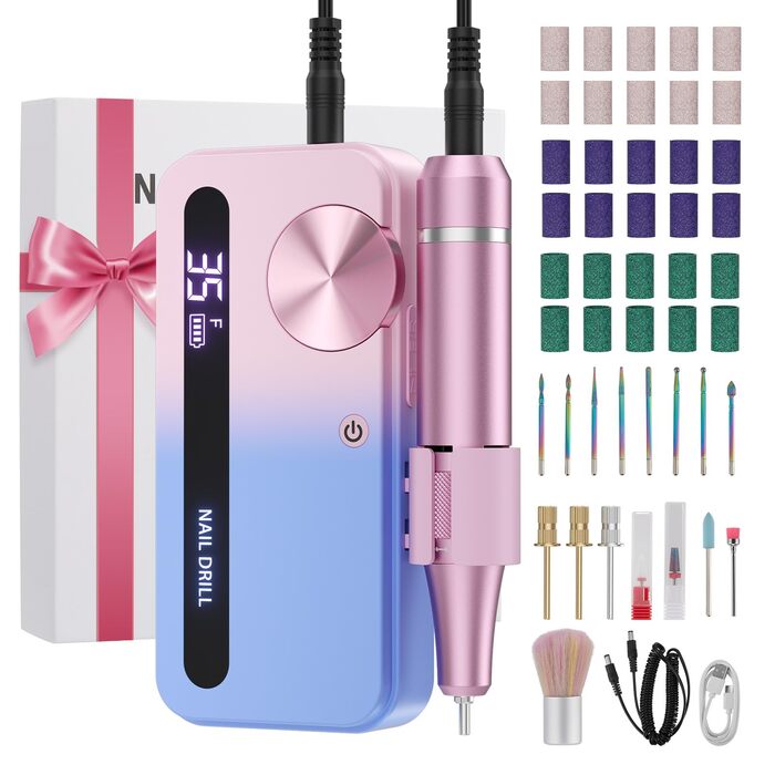 Електричний апарат для манікюру та педикюру з 15 насадками та 30 шліфувальними стрічками. Регулювання 0-35000 об/хв. Портативний.
