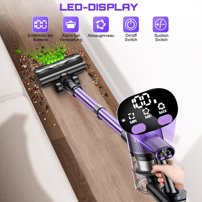 Бездротовий акумуляторний пилосос 45000 Па/500 Вт/45 хв з висувним шлангом 73 см, LED-дисплеєм та щіткою Anti-Tangle для твердих поверхонь, килимів та шерсті тварин, фіолетовий