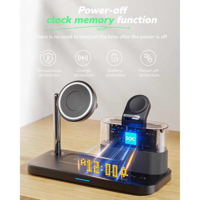 Багатофункціональний бездротовий зарядний пристрій 5 в 1 з годинником для Apple iPhone, Apple Watch, AirPods. Білий/Коричневий