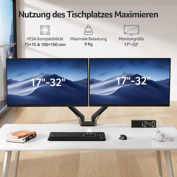 Кронштейн для двох моніторів Acer Dual-Monitor Arm, газліфт для екранів 17-32 дюймів, навантаження 2-9 кг, VESA 75/100 мм, з кабельний-менеджментом