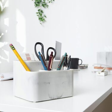 White marble toothbrush holder and bathroom organizer – keeps your bathroom counter organized and stylish.