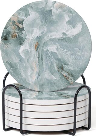 Set of 6 abstract dark blue marble coasters with holder, absorbent ceramic coasters for drinks, coasters with cork backing for table protection, housewarming gifts (Abstract Green Marble)