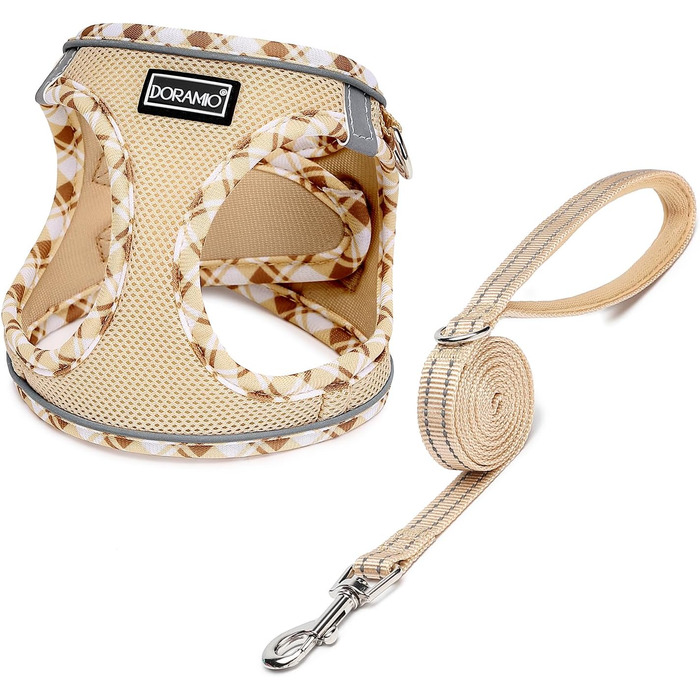 Шлейка для собак маленьких порід з повідком, Step-in шлейка, світловідбиваюча, дихаюча, для грудної клітки, анти-тяга, безпечна, шлейка для котів (Бежевий, S) S Бежевий