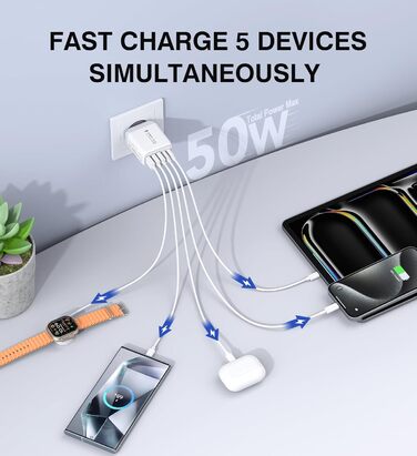 Мережевий зарядний пристрій USB-C з 5 портами, швидка зарядка, білий. Заряджає iPhone, Samsung Galaxy, Google Pixel та інші пристрої.