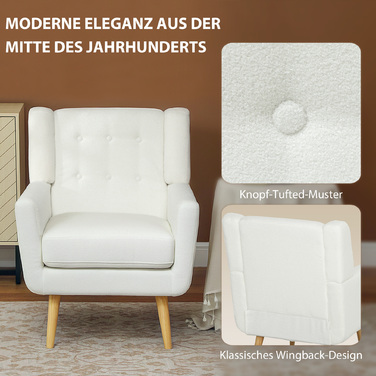 HOMCOM Armchair Living Room Wingback Chair Upholstered Tufted Lounge Chair Recliner with Teddy Fleece Look, Wooden Legs, Upholstered Chair for Bedroom, White | Aosom