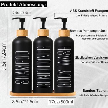 Набір з 3 чорних скляних флаконів для шампуню, гелю для душу та мила (500 мл)