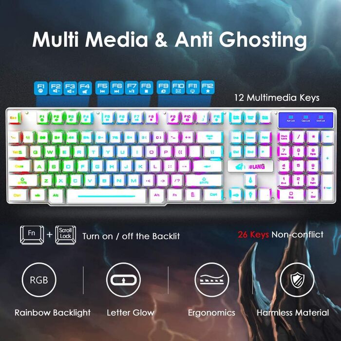 Бездротова клавіатура з підсвічуванням RGB, 2.4G, механічна, 104 клавіші, ігрова + миша 2400 DPI, 6 кнопок, оптична LED, килимок для миші (білий)