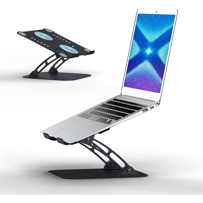 Регульований підставка для ноутбука з RGB вентилятором, алюмінієвий, чорний. Сумісна з MacBook та ноутбуками 10-17'