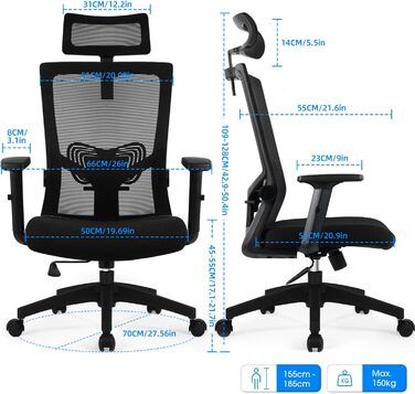 Ергономічне крісло Daccormax для офісу: регульована підголовник, підлокітники, підтримка попереку, поворотний механізм, функція гойдання, сітчасте крісло для начальника, чорний, до 150 кг