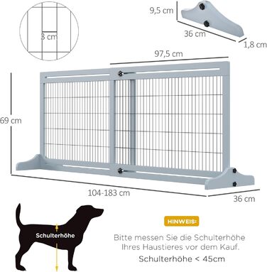 PawHut Wooden Pet Gate - Extendable Dog Barrier with Footrest, Freestanding Baby/Pet Gate, Stairway Gate, Fireplace/Oven Gate, Gray Blue, 104-183 x 36 x 69 cm